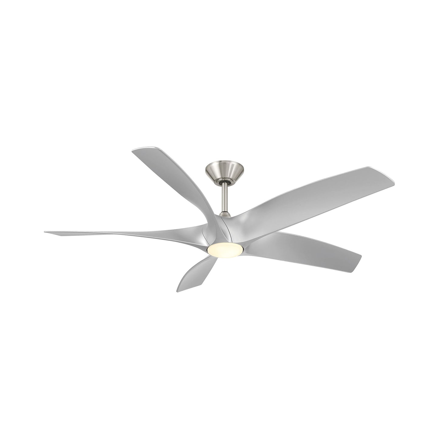 Zephyr Outdoor LED Downrod Ceiling Fan in Brushed Nickel/Silver.