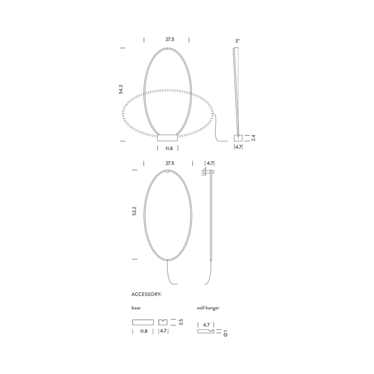 Ellisse LED Floor / Wall Light - line drawing.
