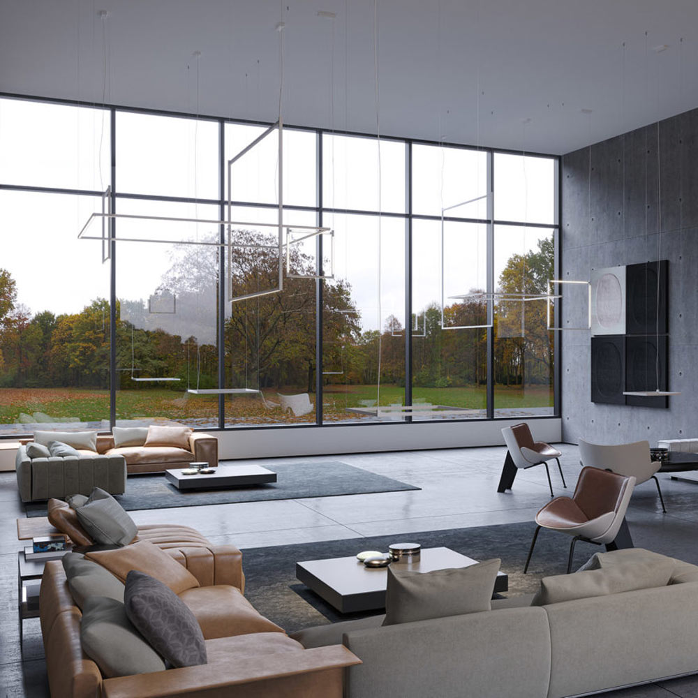 Linescapes Desk Matrix Horizontal LED Pendant Light in living room.