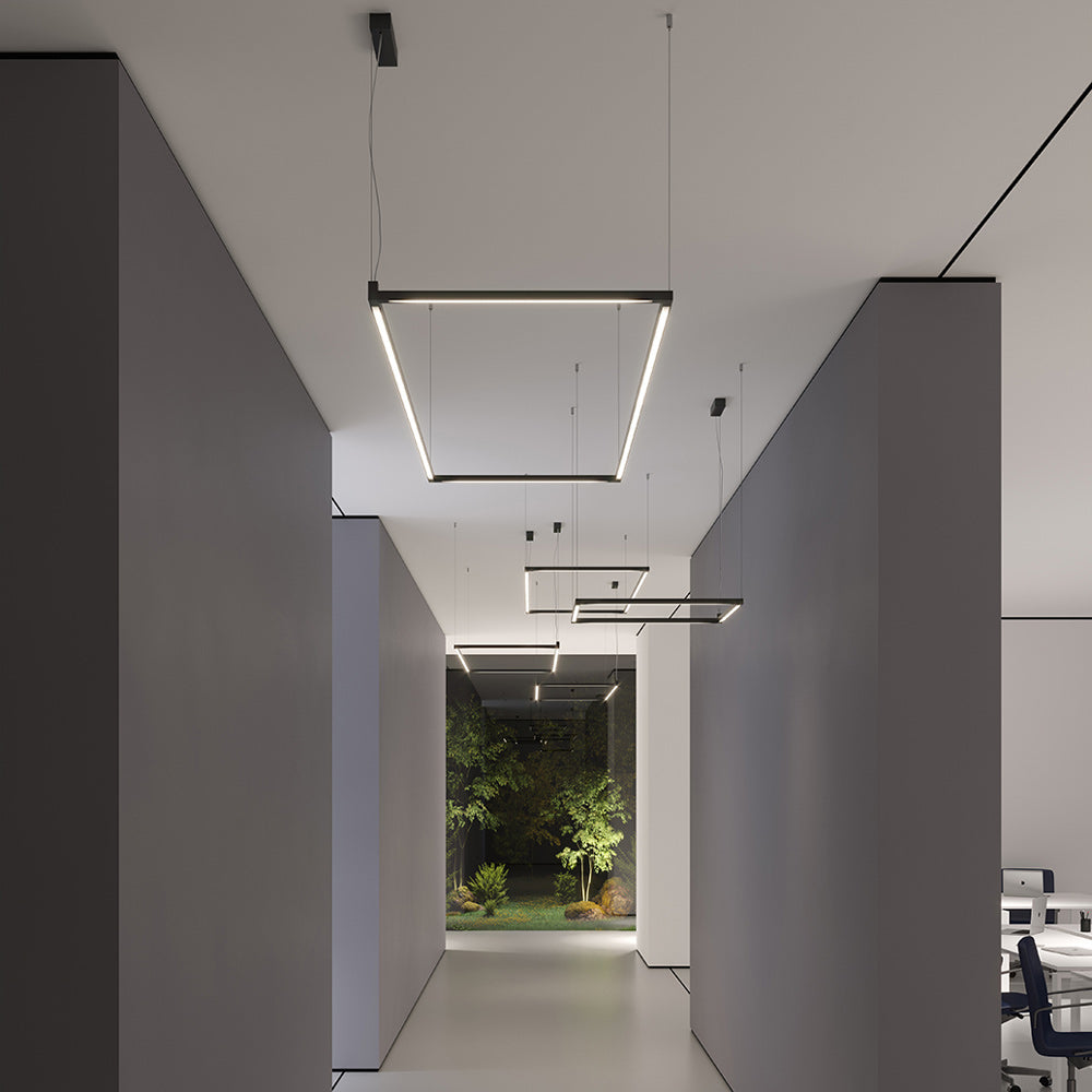 Linescapes Desk Matrix Vertical LED Pendant Light in living room.