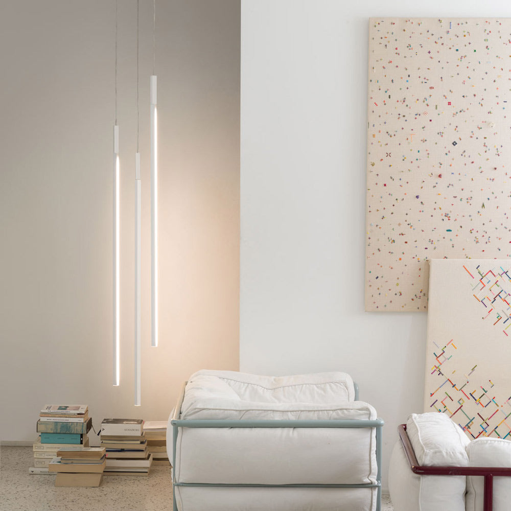 Linescapes Vertical LED Pendant Light in living room.