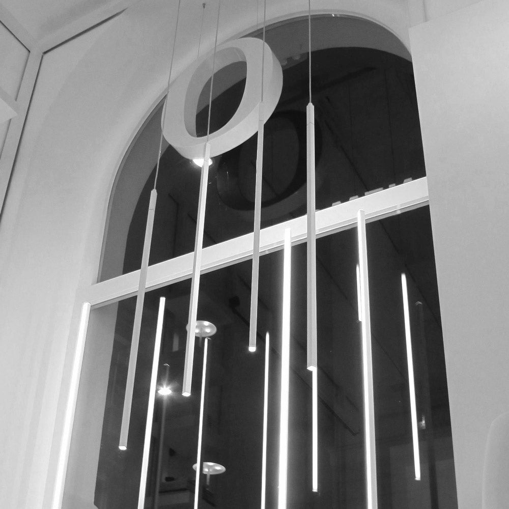 Linescapes Vertical LED Pendant Light in living room.