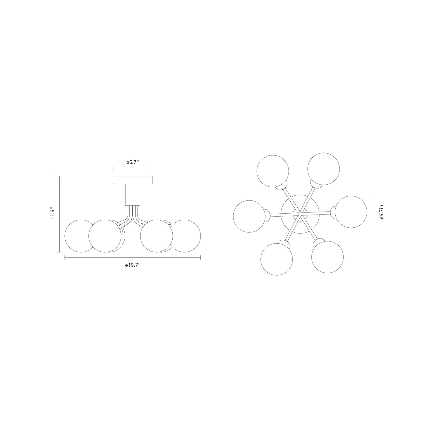 Apiales Semi Flush Mount Ceiling Light - line drawing.