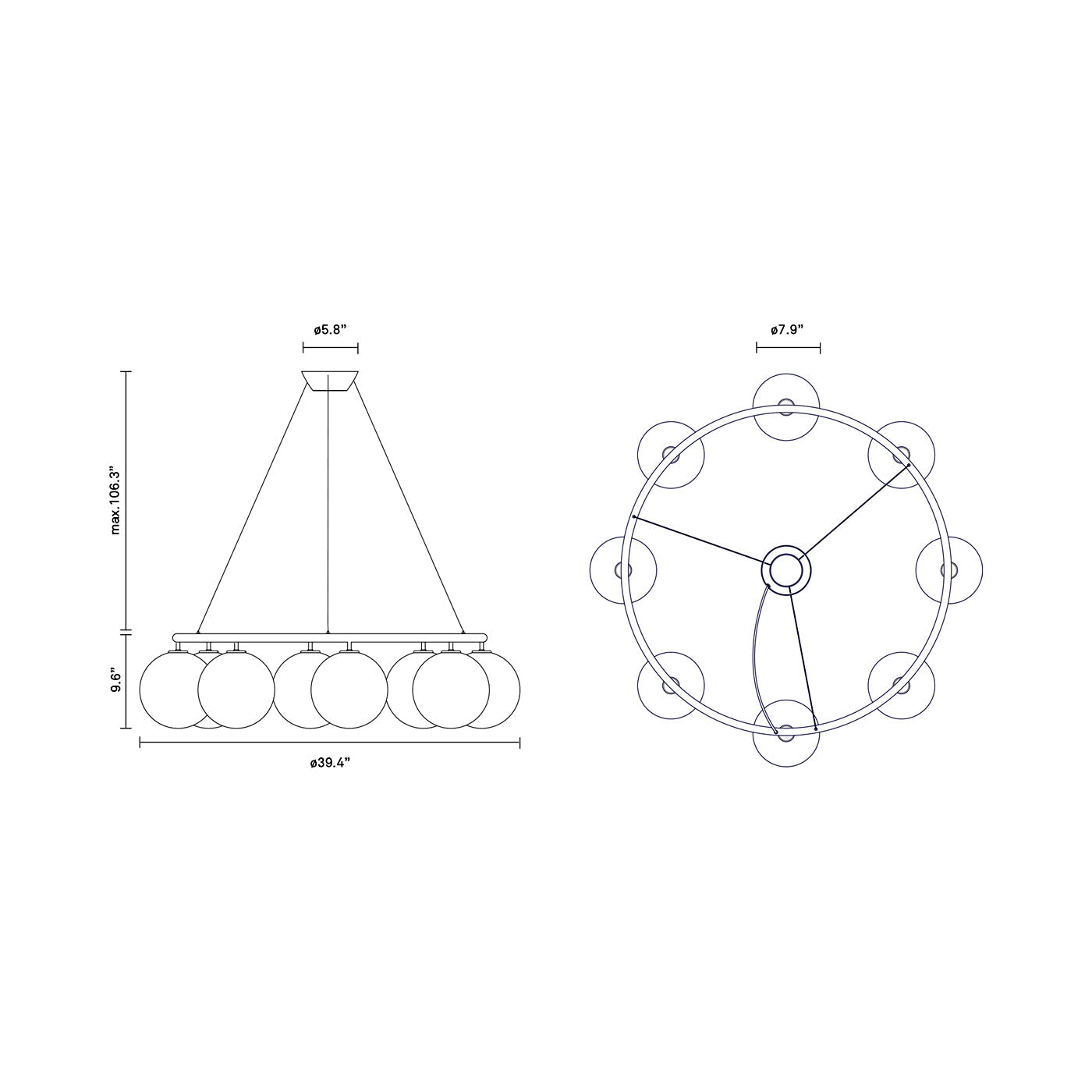 Miira Circular Chandelier - line drawing.