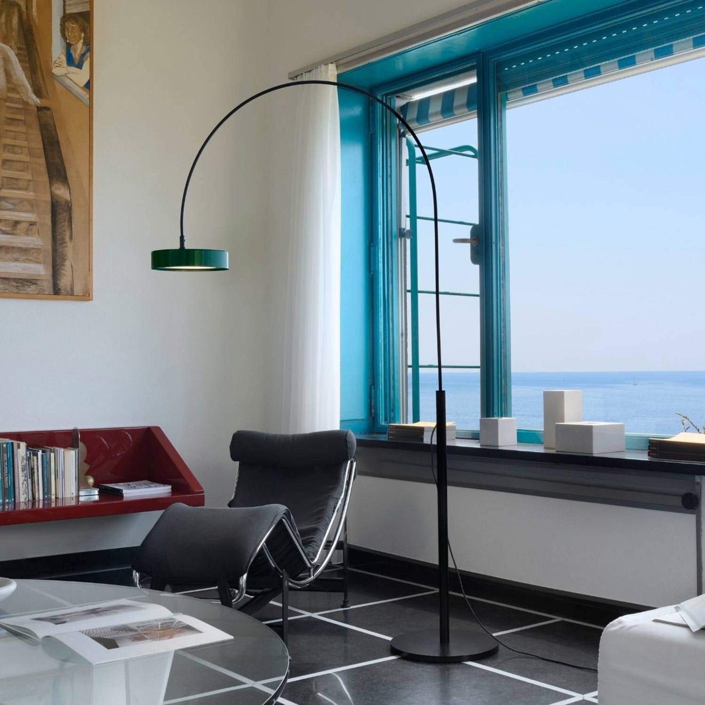 Berlin Outdoor Arched Floor Lamp in living room.