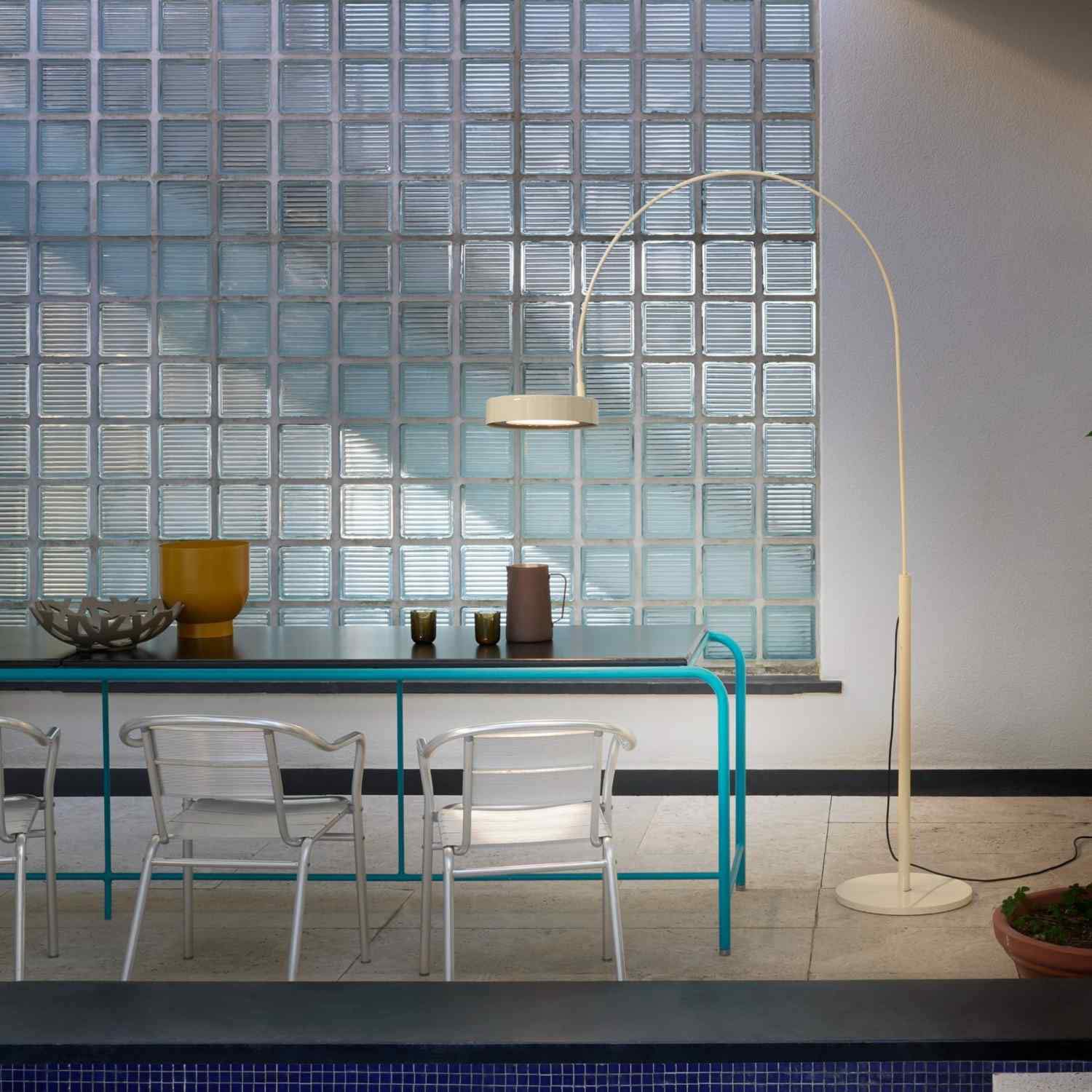 Berlin Outdoor Arched Floor Lamp in dining room.