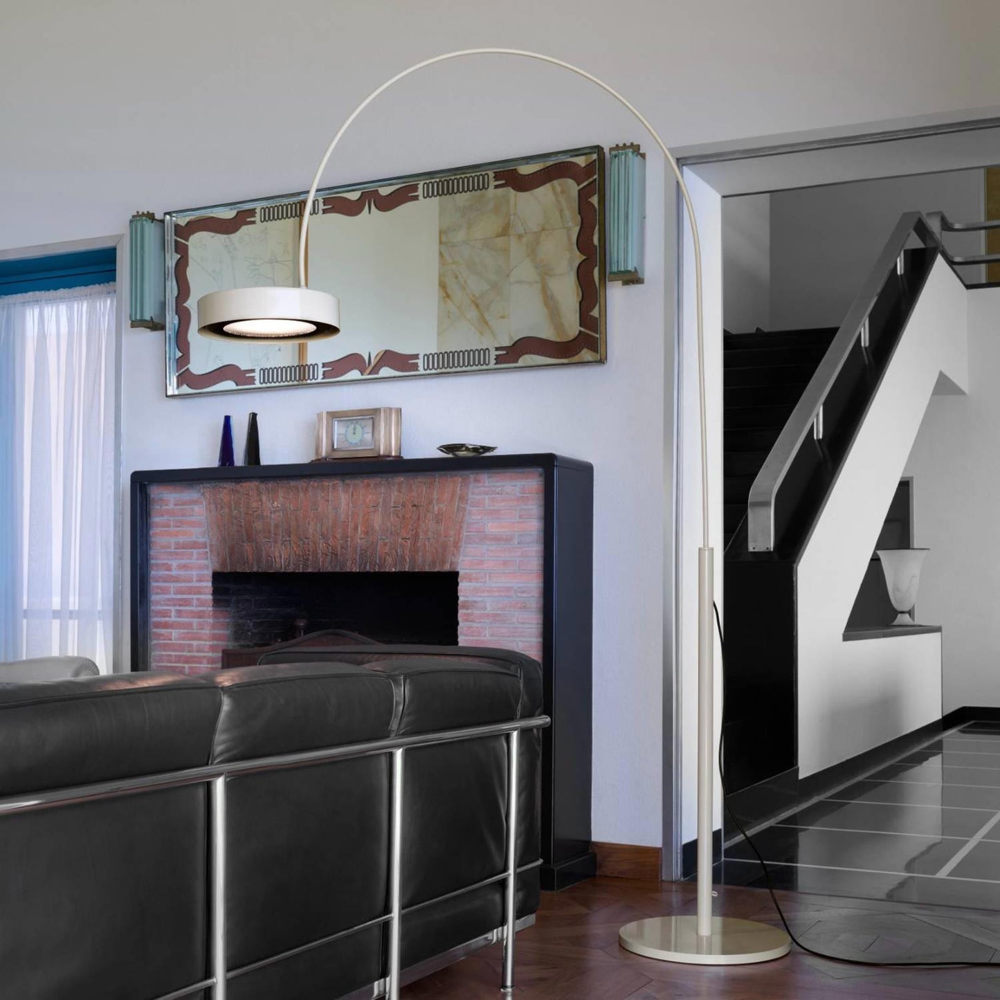 Berlin Outdoor Arched Floor Lamp in living room.