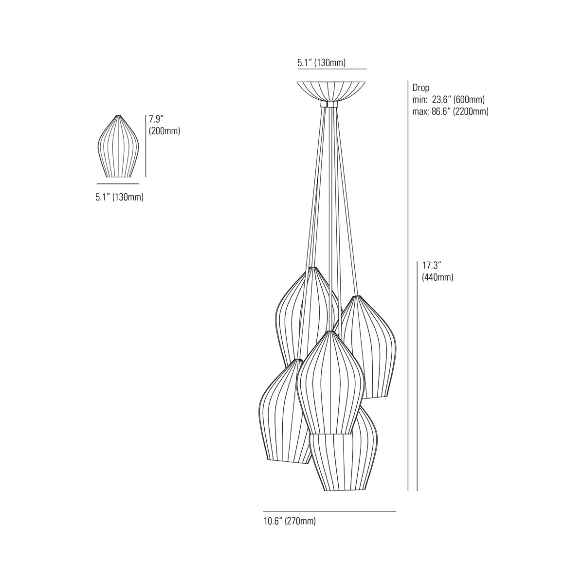 Fin Multi-Light Pendant Light - line drawing.