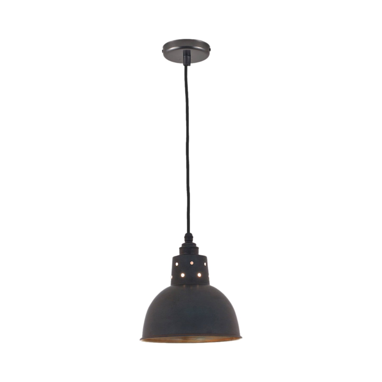 Spun Reflector Pendant Light with Cord Grip Lampholder in Weathered Copper.