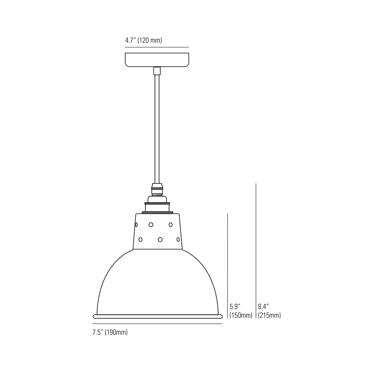 Spun Reflector Pendant Light with Cord Grip Lampholder - line drawing.