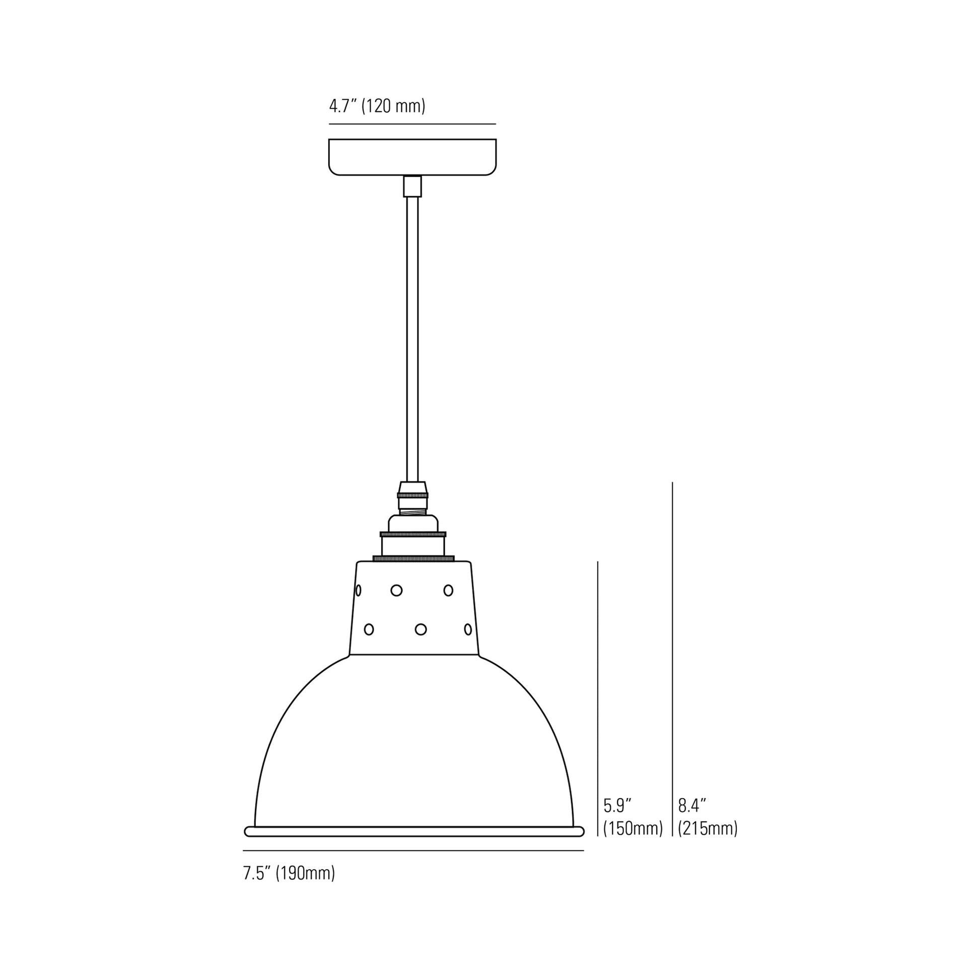 Spun Reflector Pendant Light with Cord Grip Lampholder - line drawing.