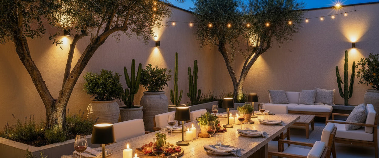 An outdoor dining patio at dusk with a long wooden table set for six, candles, string lights, olive trees, cacti, and a lounge sofa in the background.