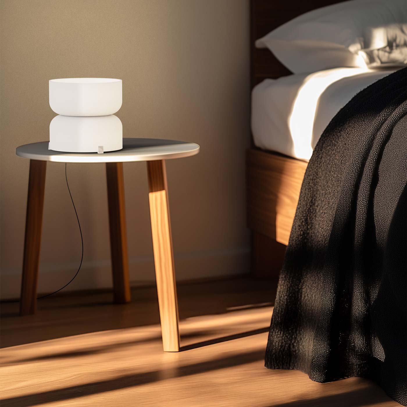 Totem Mini LED Table Lamp in bedroom.
