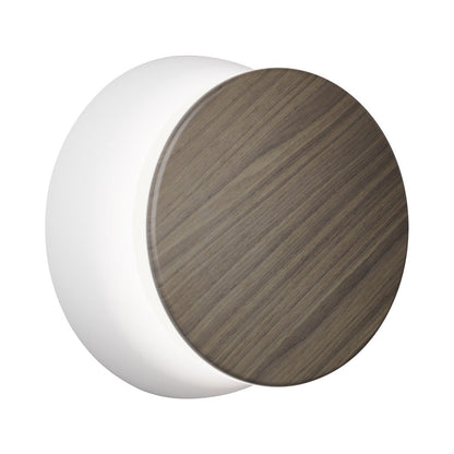 Totem Puck LED Wall Light in White/Walnut.