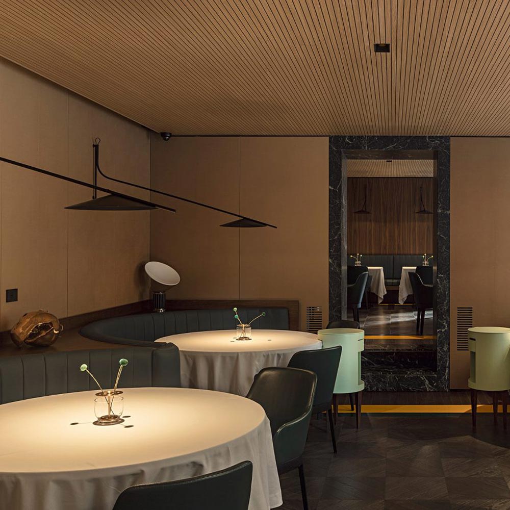 Glifo Box LED Wall Light in restaurant.