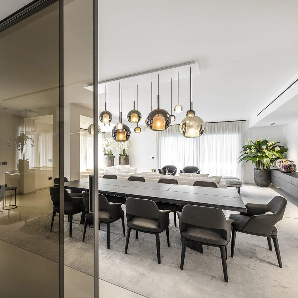 Glo Rectangular Chandelier in dining room.