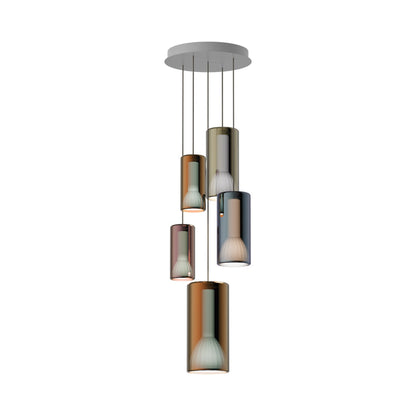 Lit Multi-Light Pendant Light in Gold/Blue/Violet (5-Light).