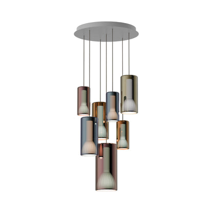 Lit Multi-Light Pendant Light in Gold/Blue/Violet (7-Light).