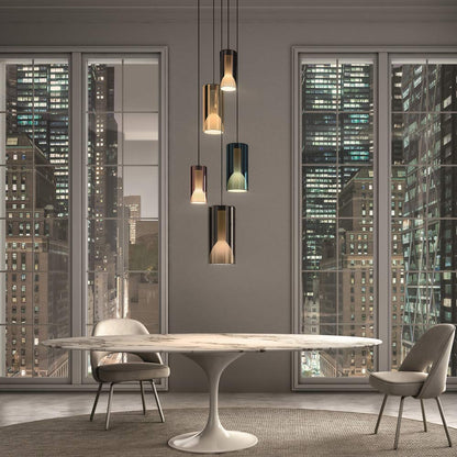 Lit Multi-Light Pendant Light in living room.