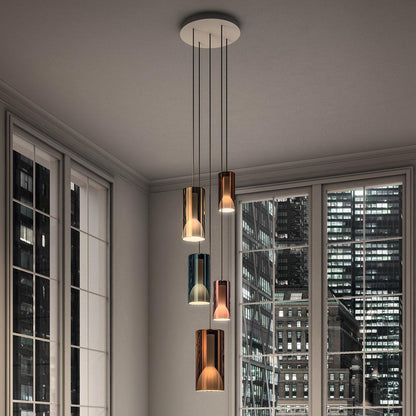 Lit Multi-Light Pendant Light in living room.