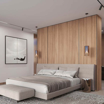 Lit Pendant Light in bedroom.