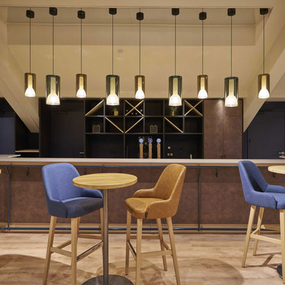 Lit Pendant Light in cafe.