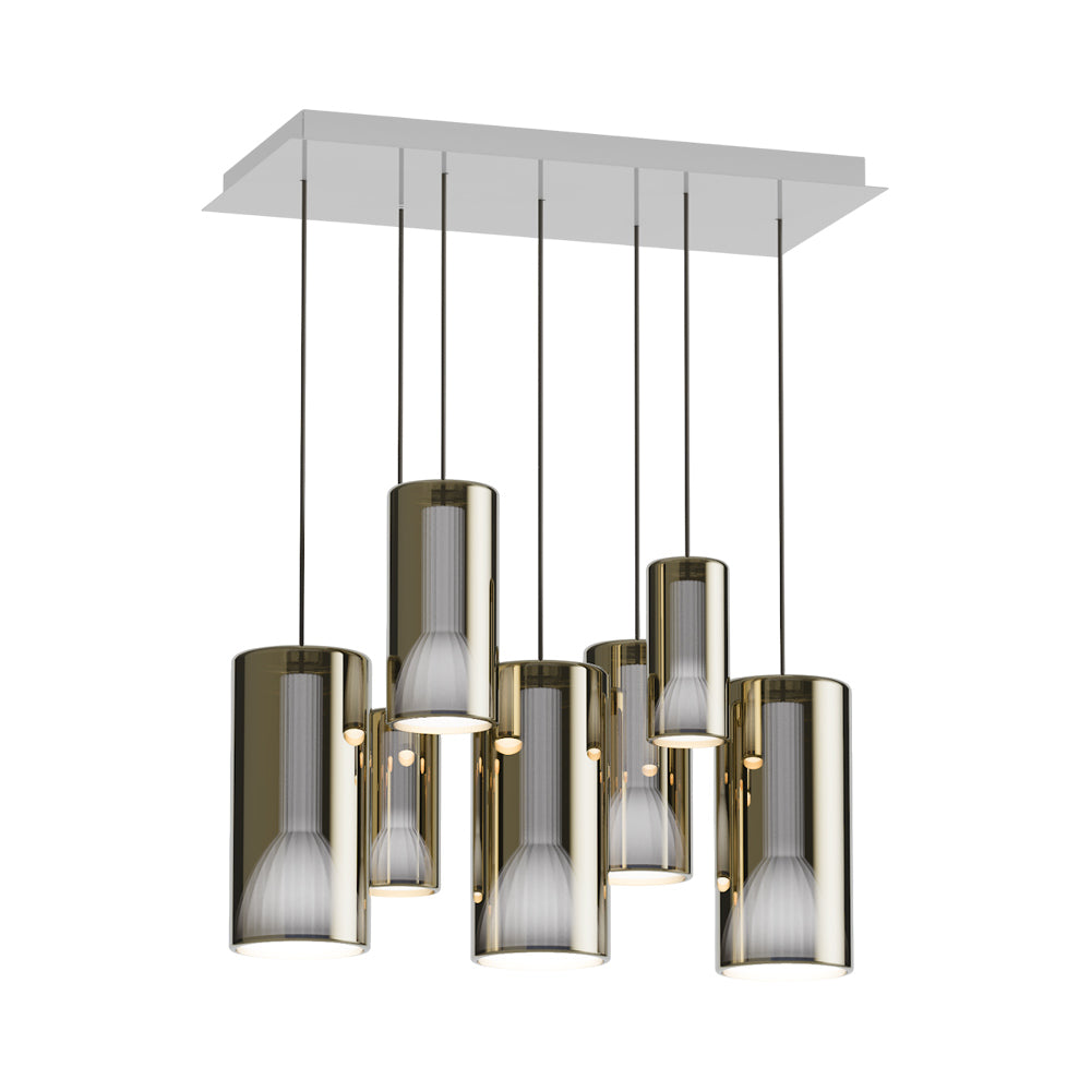 Lit Rectangular Multi-Light Pendant Light in Gold.