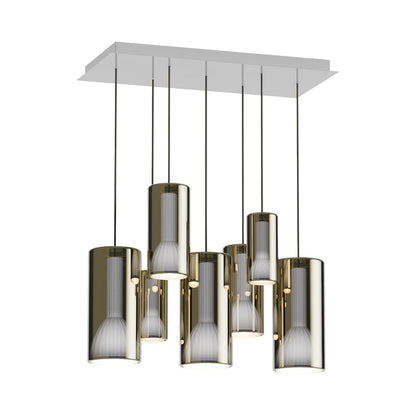 Lit Rectangular Multi-Light Pendant Light in Gold.