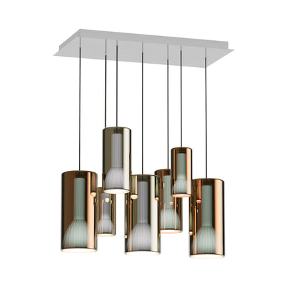 Lit Rectangular Multi-Light Pendant Light in Gold/Orange.