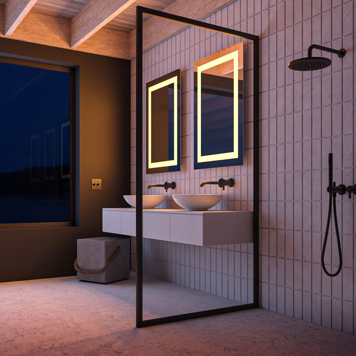 Plaza LED Surface Mounted Rectangular Mirror in bathroom.