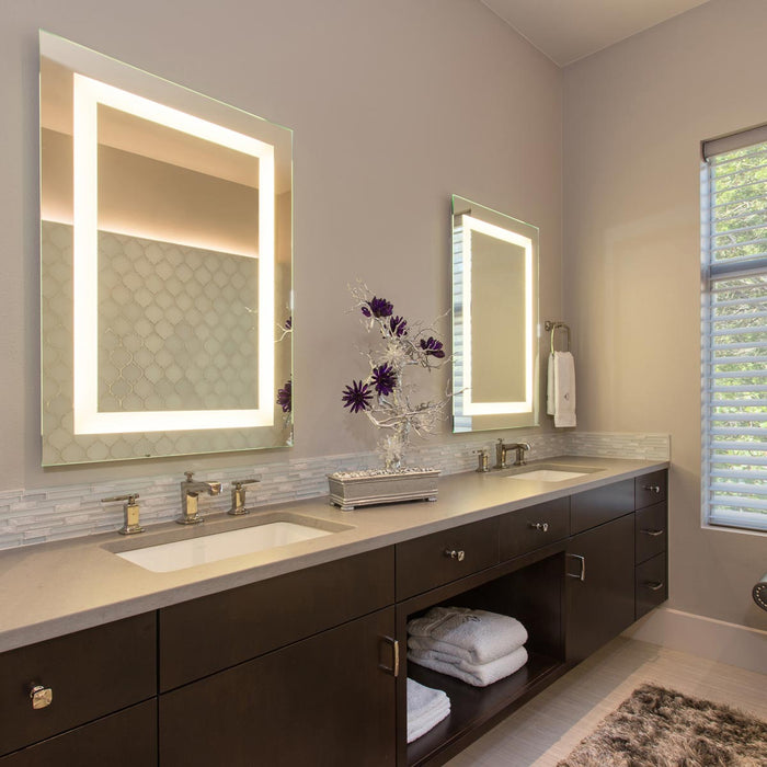 Plaza LED Surface Mounted Square Mirror in bathroom.