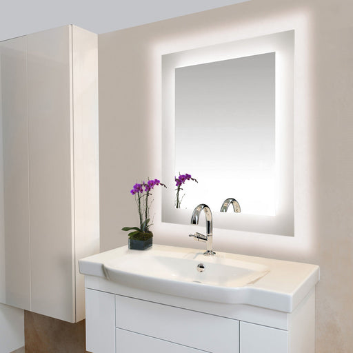 Sail LED Surface Mounted Mirror with DMX Wall Controller in bathroom.