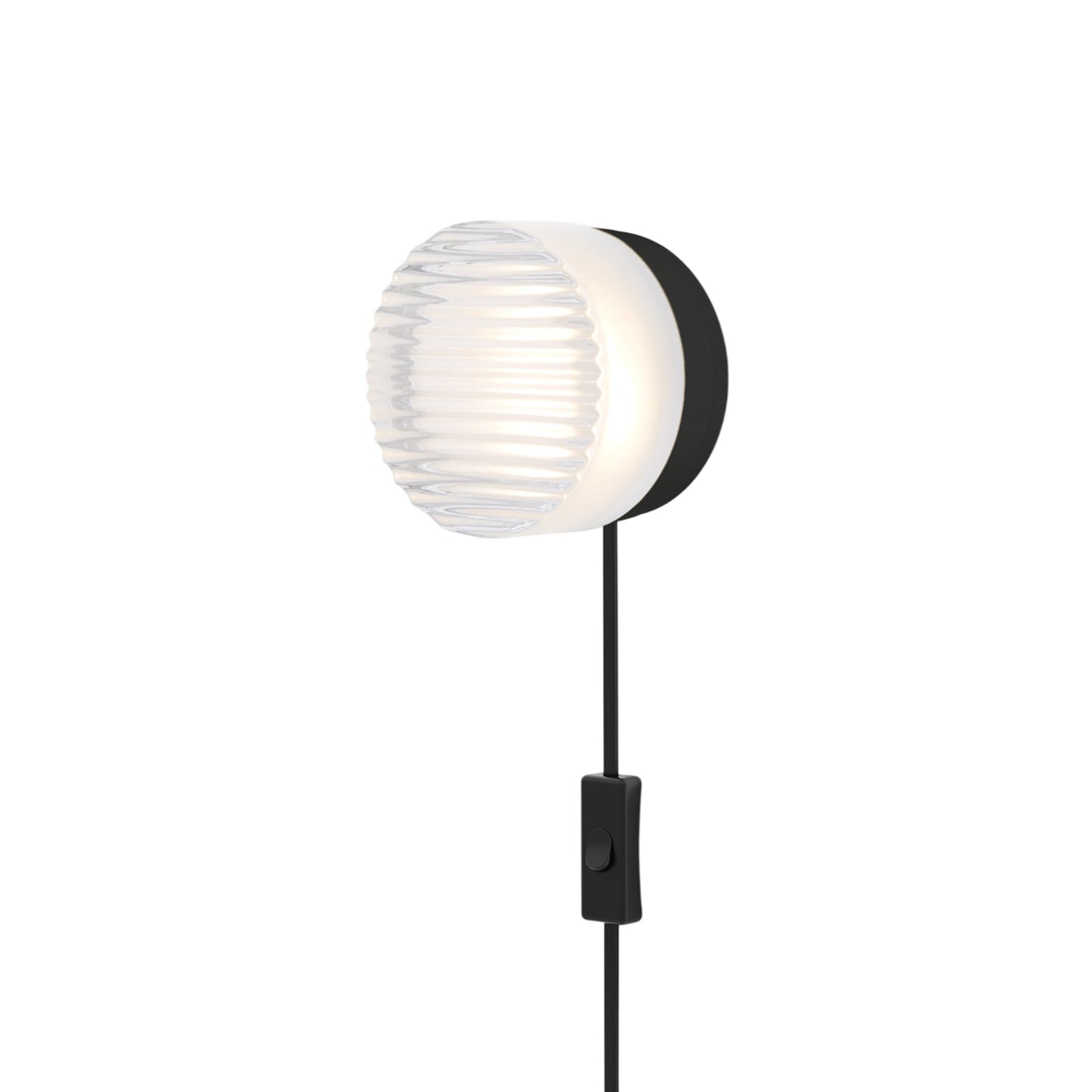 Crisp LED Plug-In Wall Light in Frosted/Black Anodized.