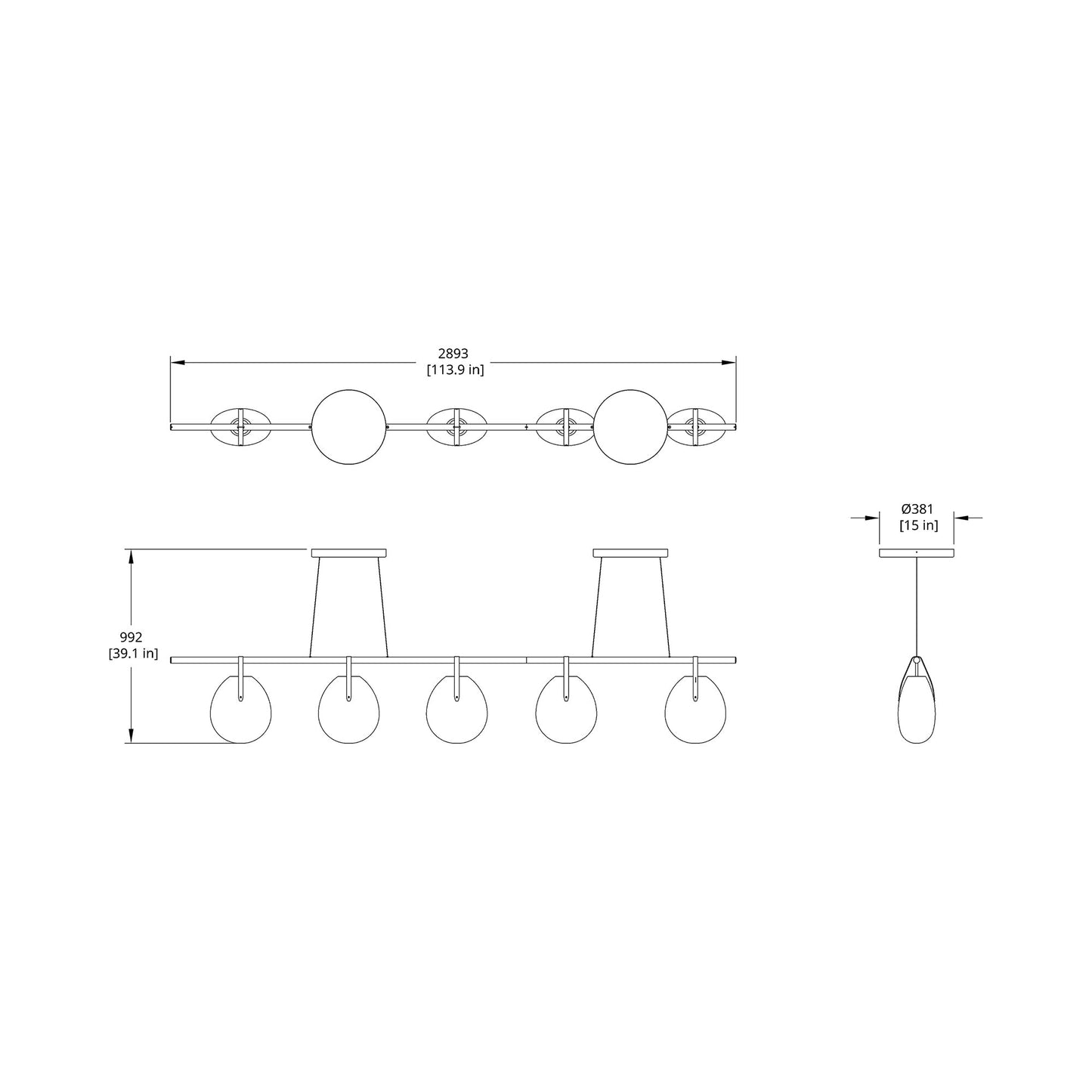 Gala 114 Linear LED Pendant Light - line drawing.