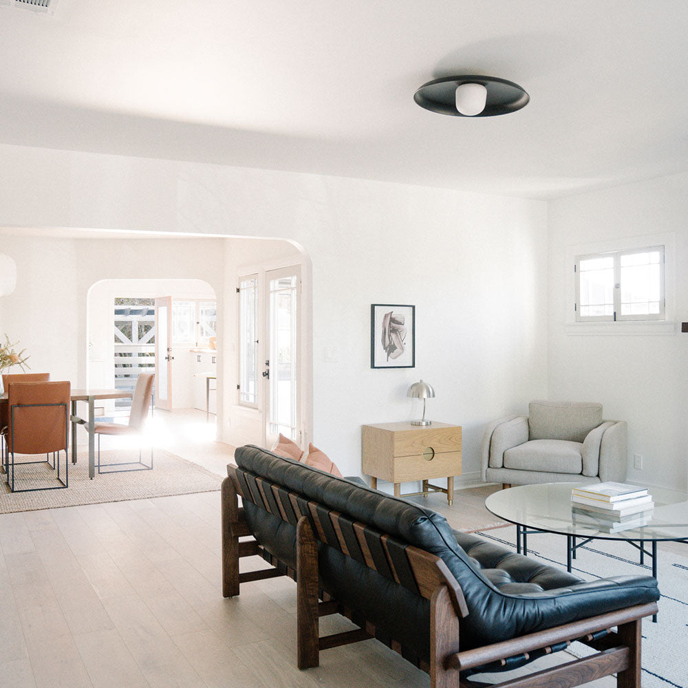 Hoist Shade LED Flush Mount Ceiling Light in living room.