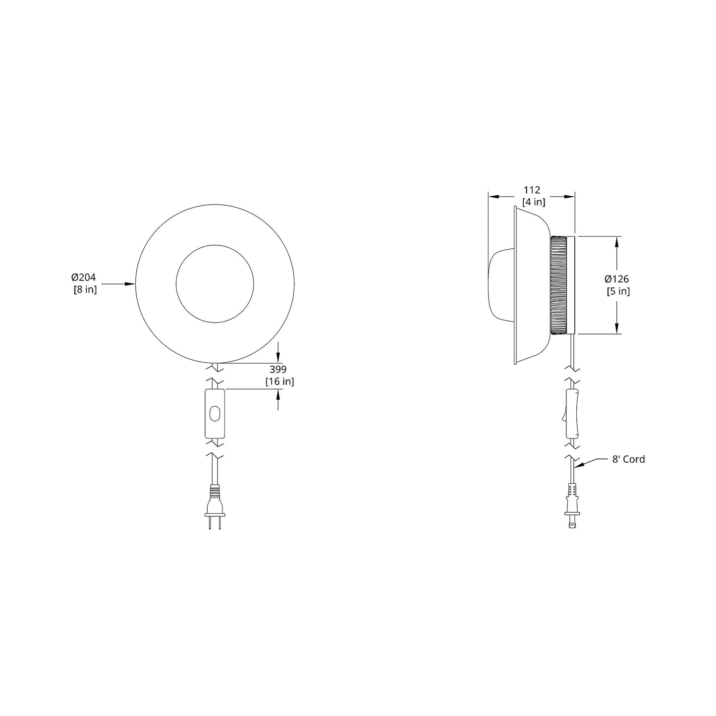 Hoist Shade LED Plug-In Wall Light - line drawing.