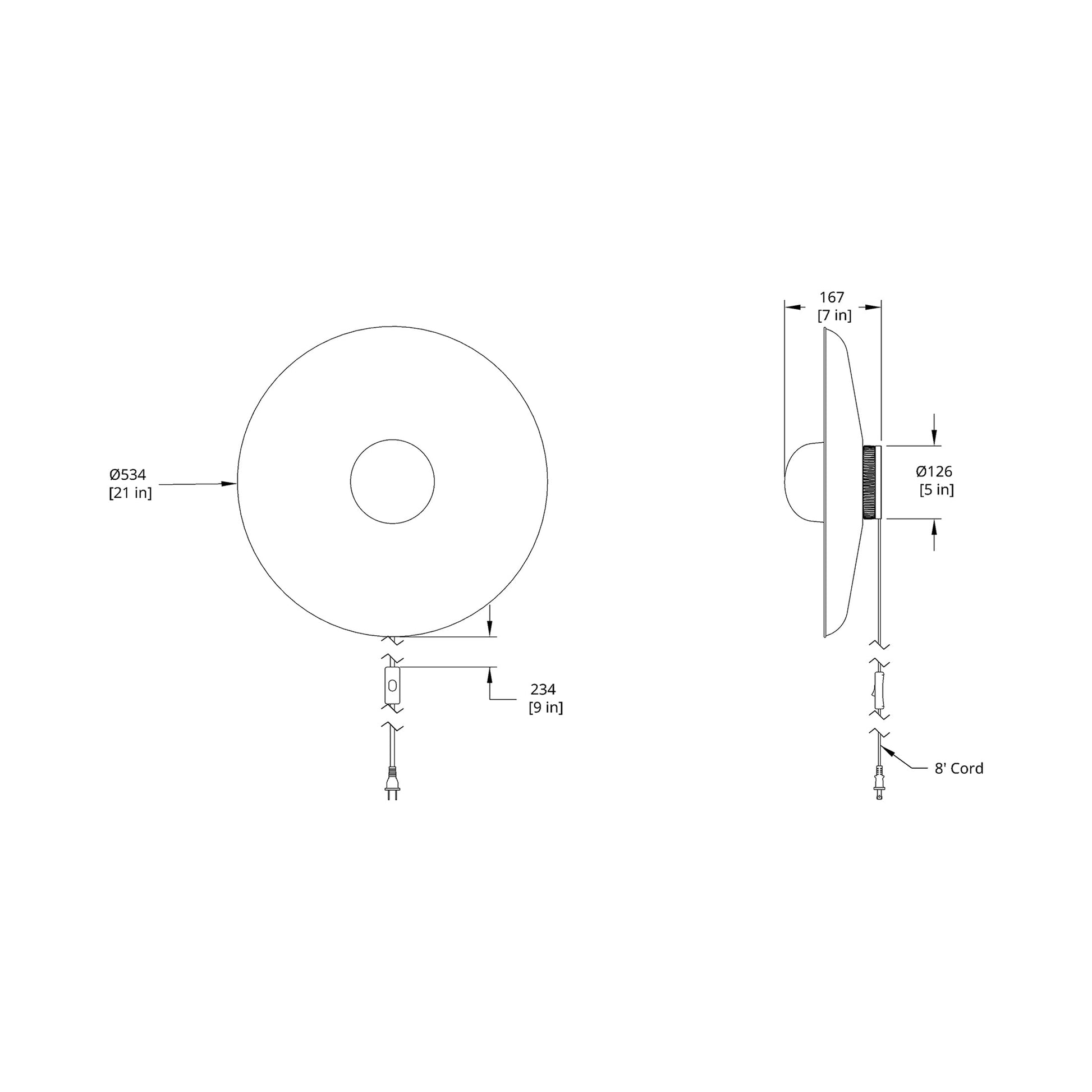Hoist Shade LED Plug-In Wall Light - line drawing.