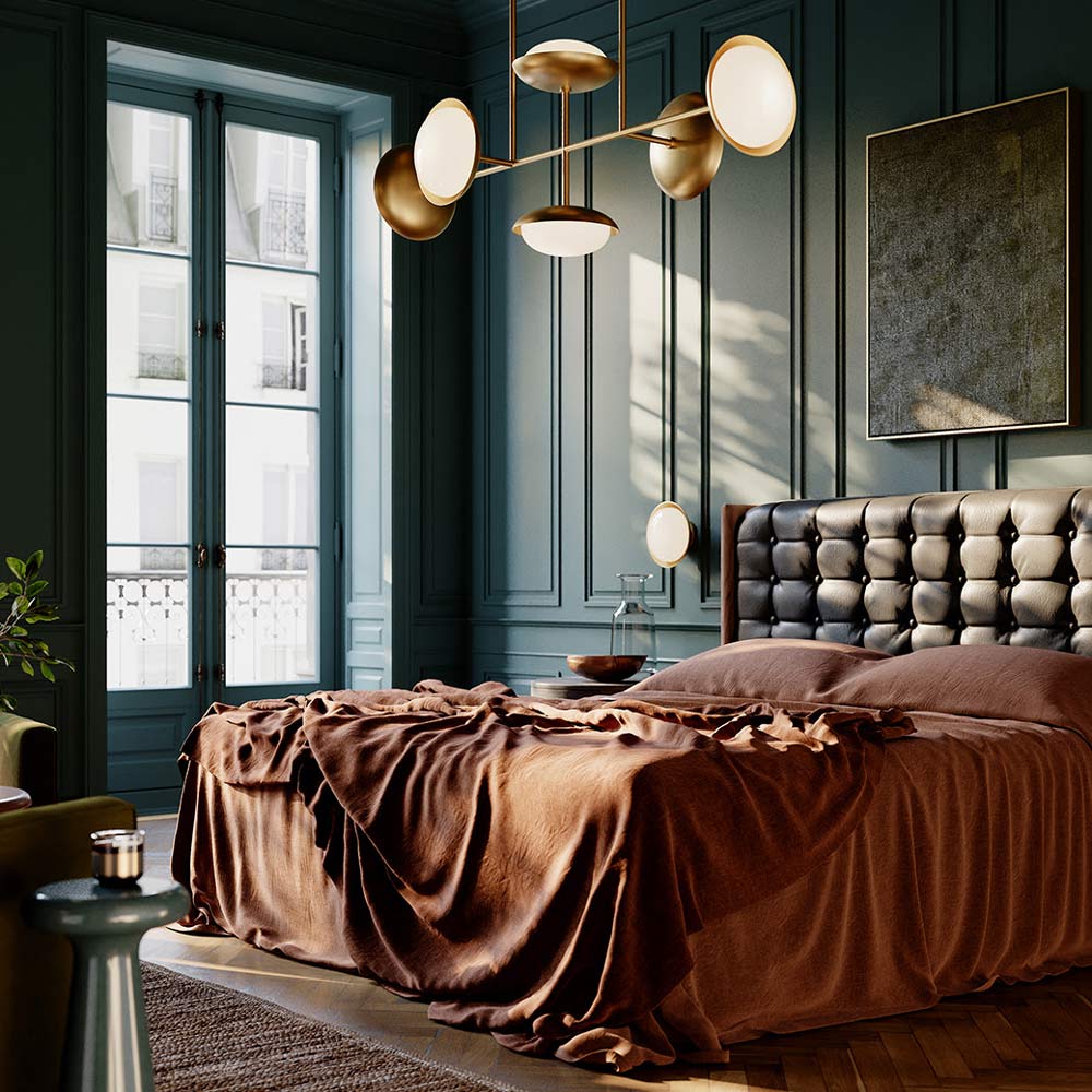 Bond Linear Chandelier in bedroom.