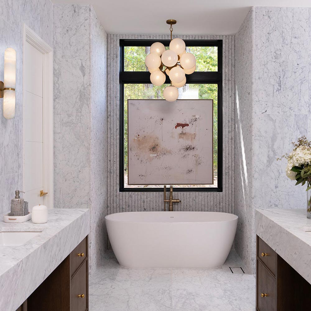La Dame Chandelier in bathroom.