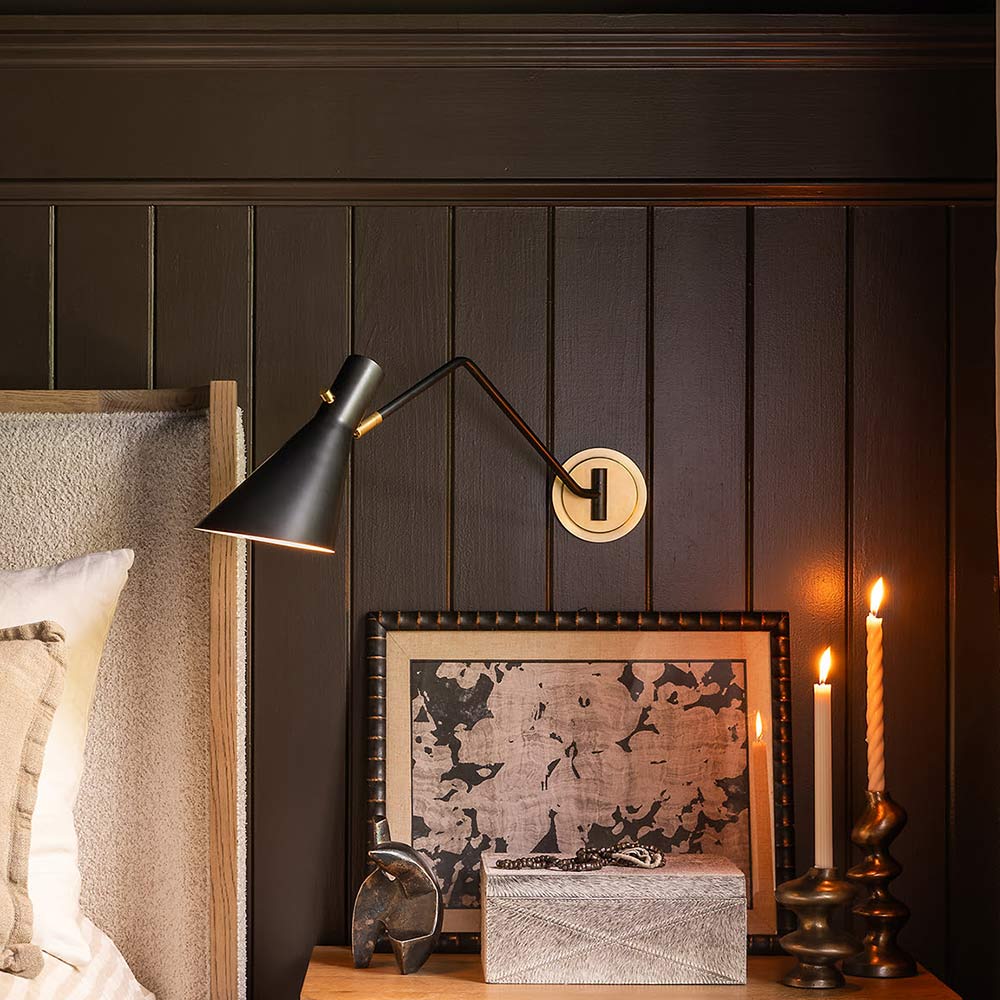 Spyder Single Arm Wall Light in bedroom.