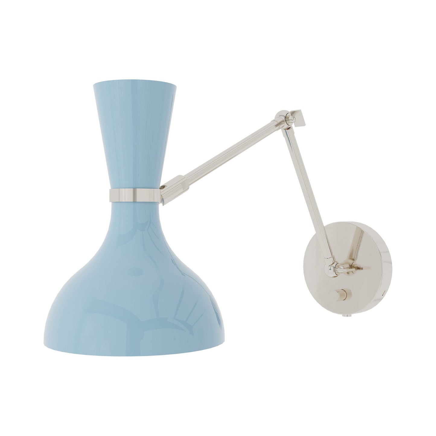 Clare Adjustable Wall Light in Polished Nickel/Baby Blue.