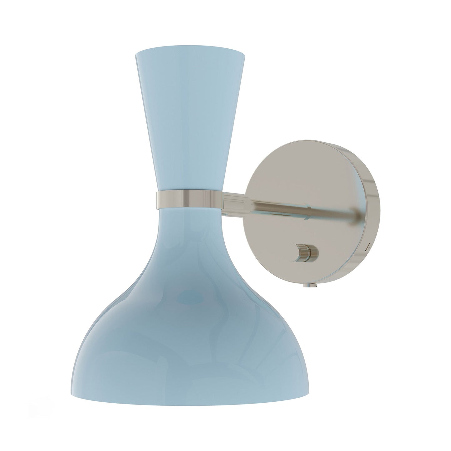Clare Wall Light in Polished Nickel/Baby Blue.