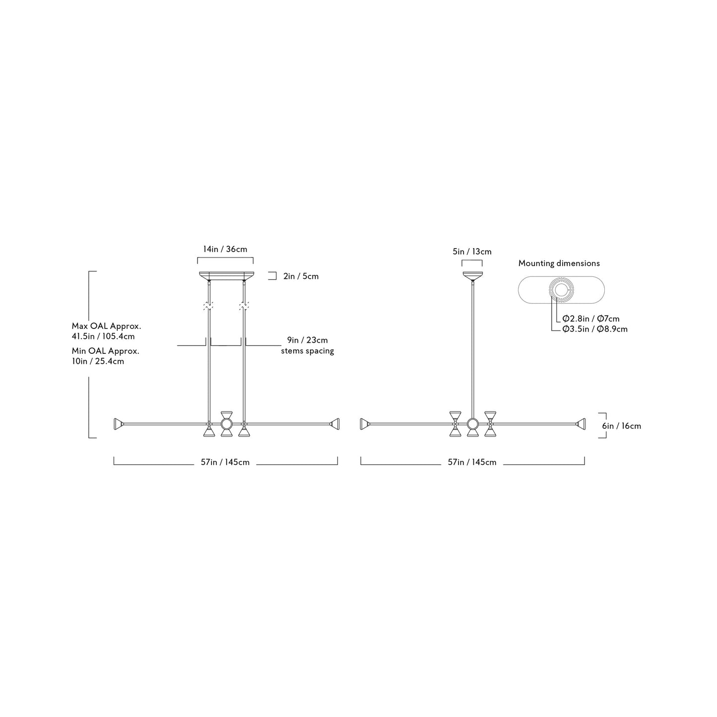 Apollo Horizontal LED Chandelier - line drawing.