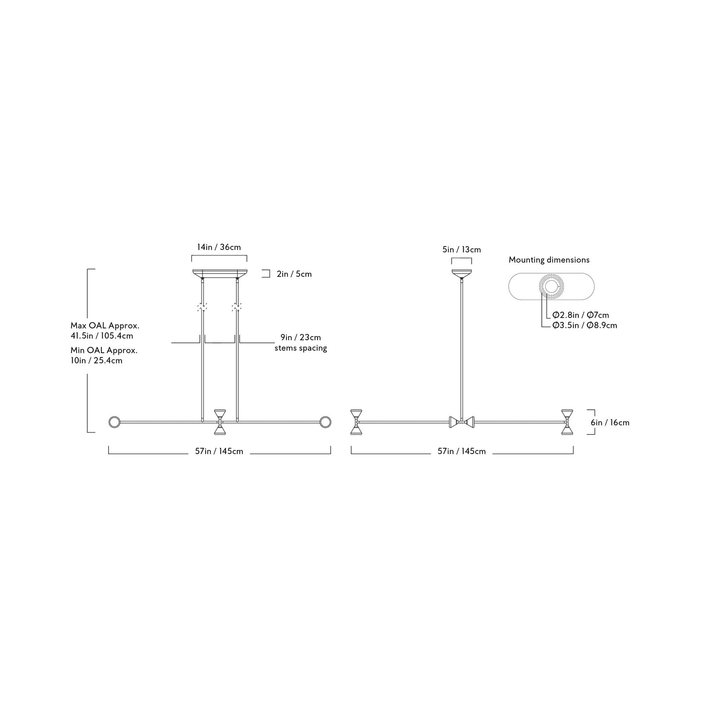 Apollo Linear LED Chandelier - line drawing.