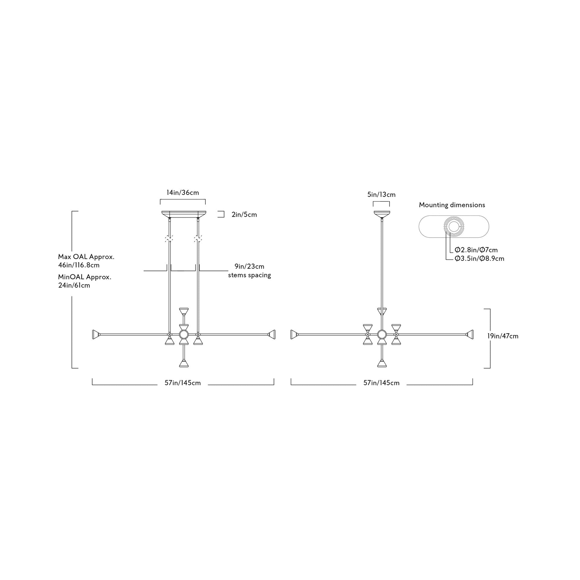 Apollo Linear LED Chandelier - line drawing.