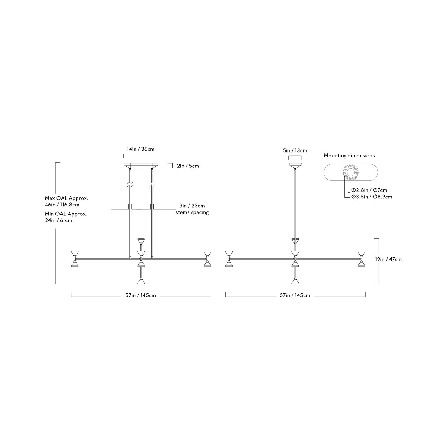 Apollo Vertical LED Chandelier - line drawing.