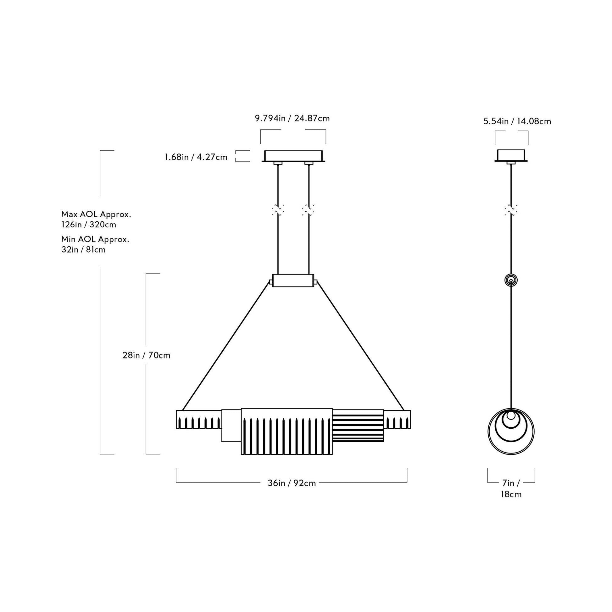 Coax Linear LED Pendant Light - line drawing.