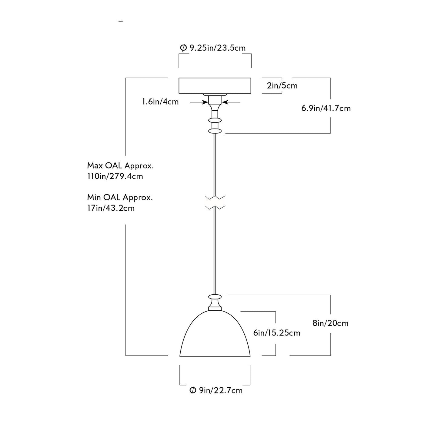 Del Playa Corded Single LED Pendant Light - line drawing.