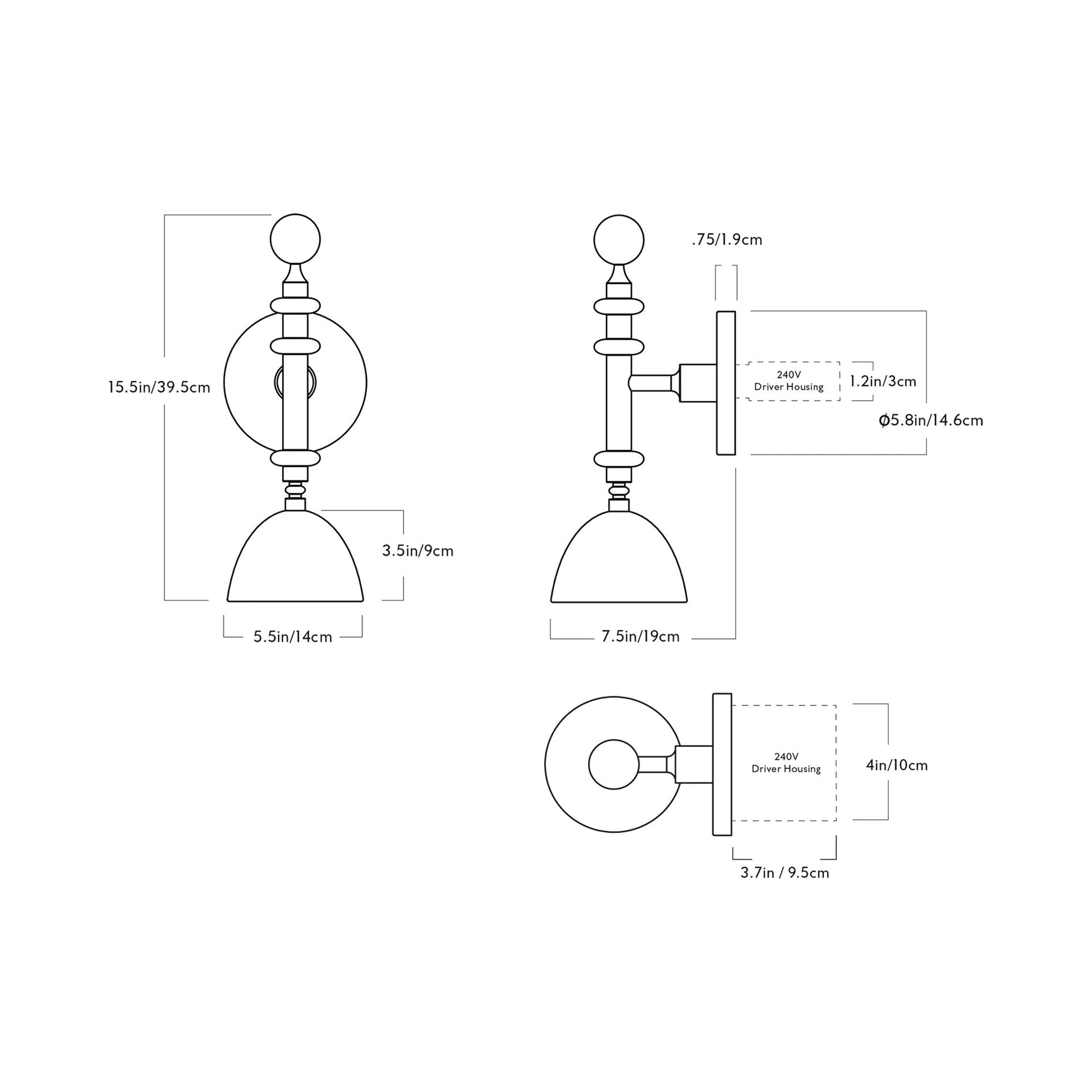 Del Playa Single Arm LED Wall Light - line drawing.