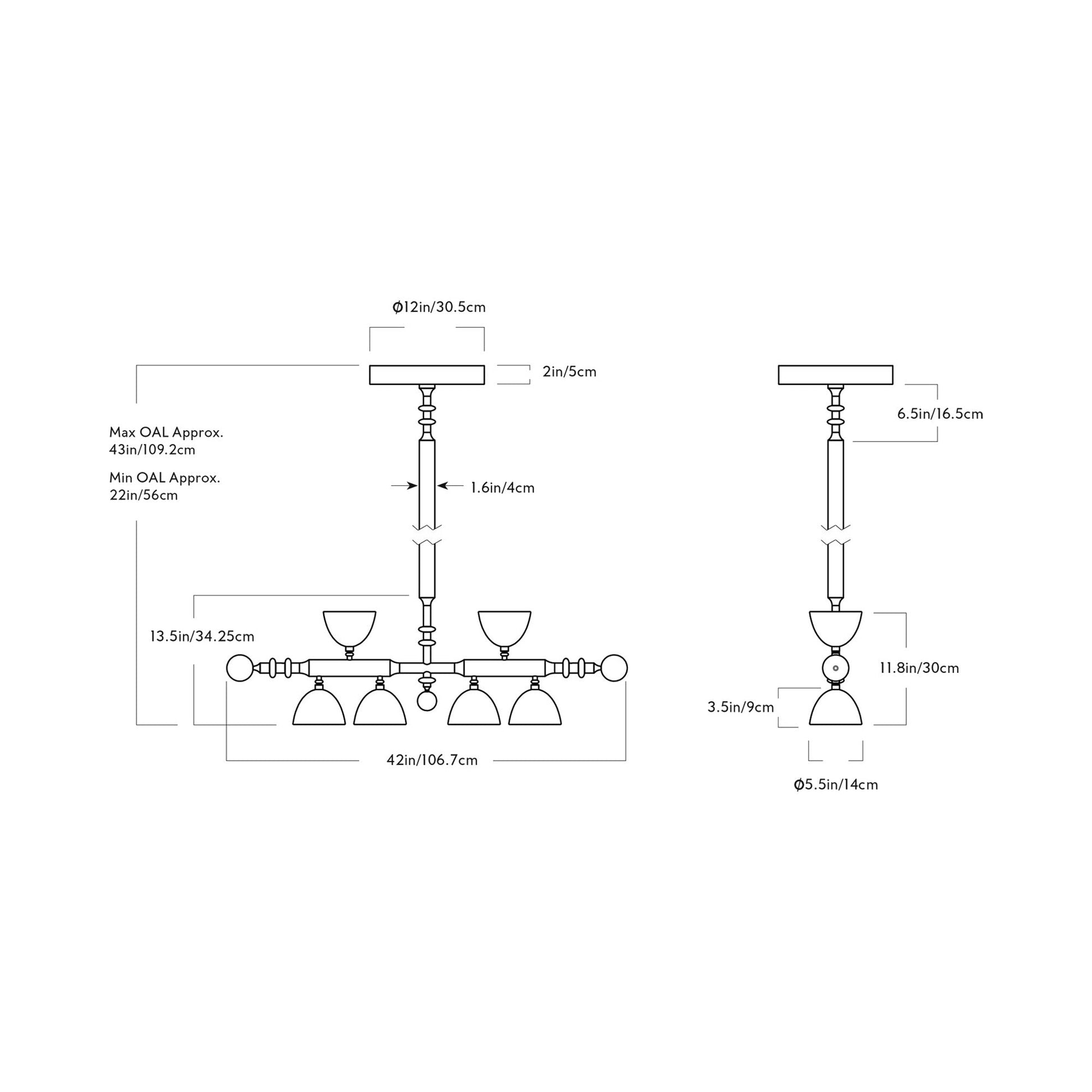 Del Playa Two Arm LED Pendant Light - line drawing.